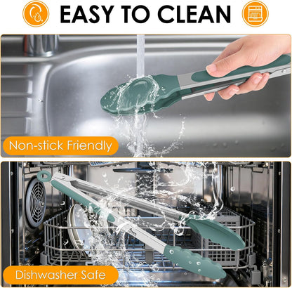 HOTEC Premium Stainless Steel Locking Kitchen Tongs with Silicon Tips, Set of 2-9" and 12"