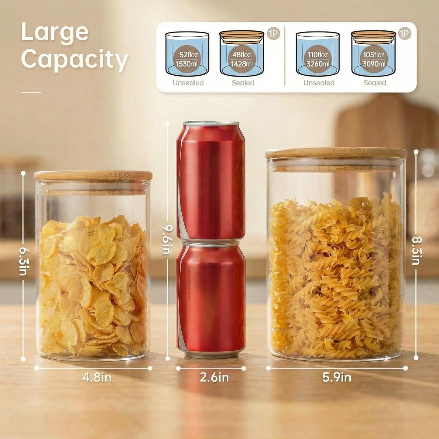 32oz - 4 Pack Glass Jars with Bamboo Lids, Glass Pantry Storage Containers with Airtight Lids, Round Air Tigh Food Storage Canisters for Cereal, Pasta, Flour, Sugar, Rice, Best for Kitchen Organizer