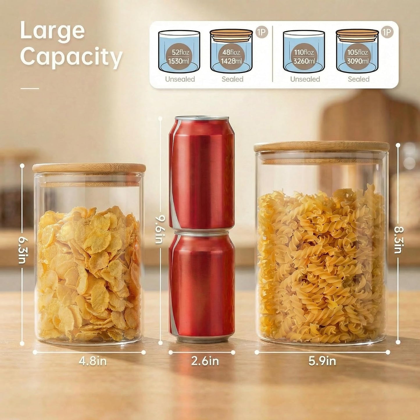 32oz - 4 Pack Glass Jars with Bamboo Lids, Glass Pantry Storage Containers with Airtight Lids, Round Air Tigh Food Storage Canisters for Cereal, Pasta, Flour, Sugar, Rice, Best for Kitchen Organizer