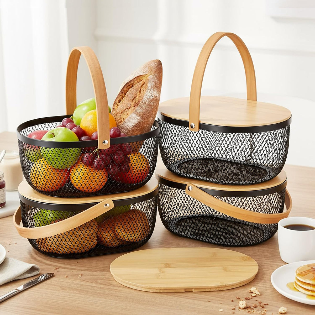 4 Pcs Stackable Metal Mesh Fruit Basket with Lid Oval Wire Mesh Storage Basket with Handle 10 x 7 x 3.9 Inch Stackable Wire Baskets Pantry Organizer for Fruit Vegetable Kitchen, Black