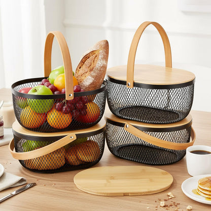 4 Pcs Stackable Metal Mesh Fruit Basket with Lid Oval Wire Mesh Storage Basket with Handle 10 x 7 x 3.9 Inch Stackable Wire Baskets Pantry Organizer for Fruit Vegetable Kitchen, Black