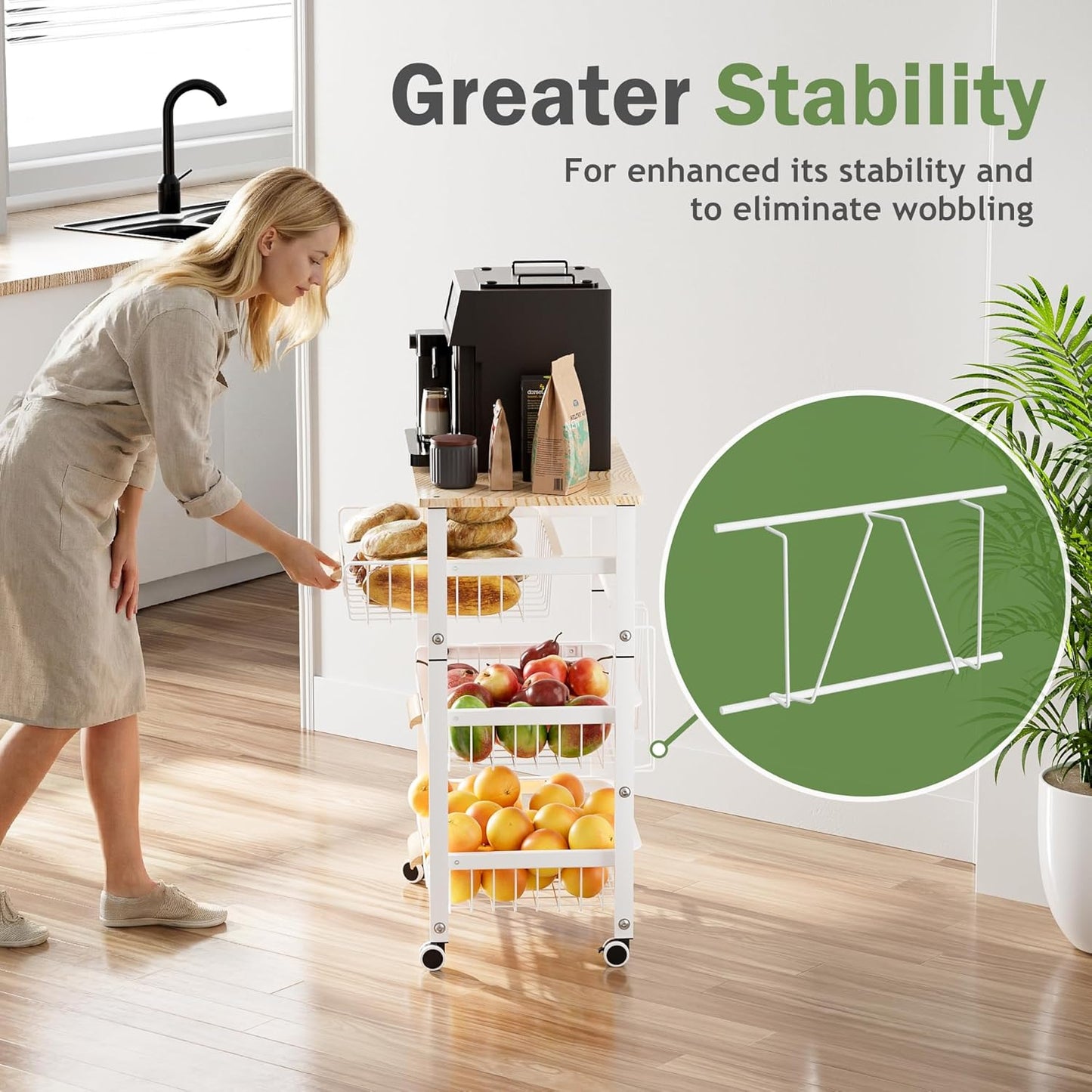 JAQ Slide Out Fruit Vegetable Basket for Kitchen, 4-Tier Rolling Storage Cart with Wooden Handle & Top, Metal Wire Produce Rack for Pantry Organization, Onion Potato Storage Bins for Small Space,White