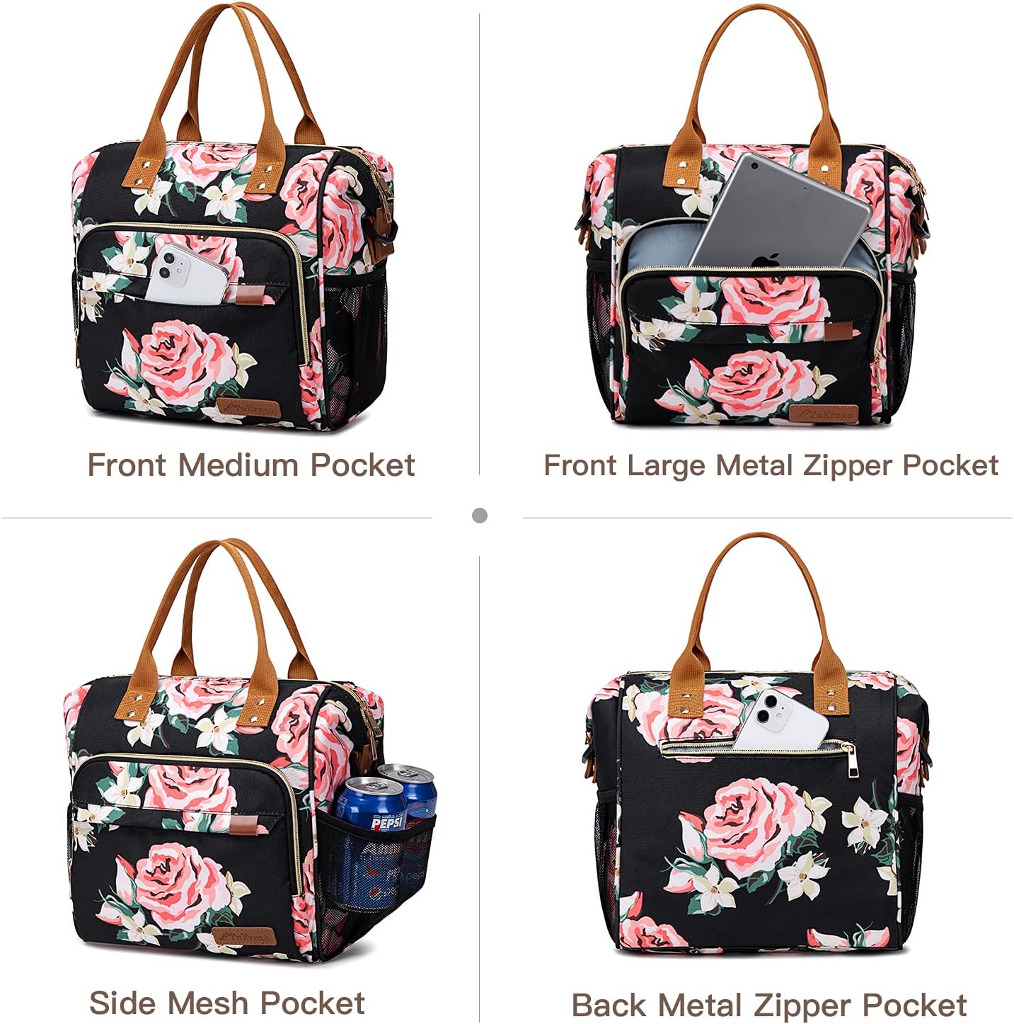 TuErCao Small Lunch Bag Lightweight Insulated Lunch Box for Women Work Portable Soft Cooler for Picnic Travel Road Trips, Loncheras para Mujer, Black