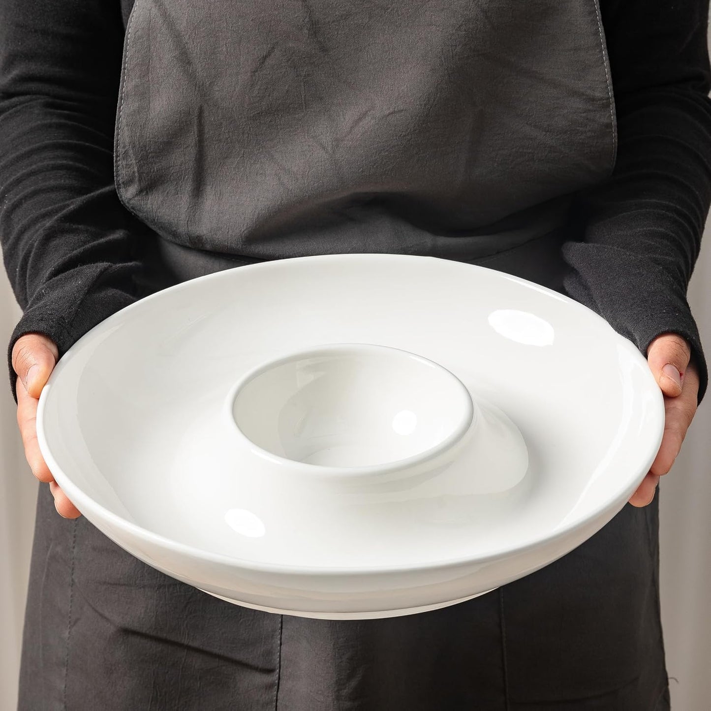 LEHAHA 12.25 inch porcelain Chip and Dip Serving Set, Ceramic Platters for Cheese, Appetizers &Chips Salsa, Fruit and Veggies, Divided Serving Trays for Family Gathering and Parties, Dark Creamy