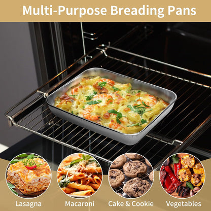 3 Set Stainless Steel Breading Trays Set with Lids,Large Breading Pans with Tong for Dredging Chicken Breasts Marinating Meat (10 x 7.8 x 1.9 inch)