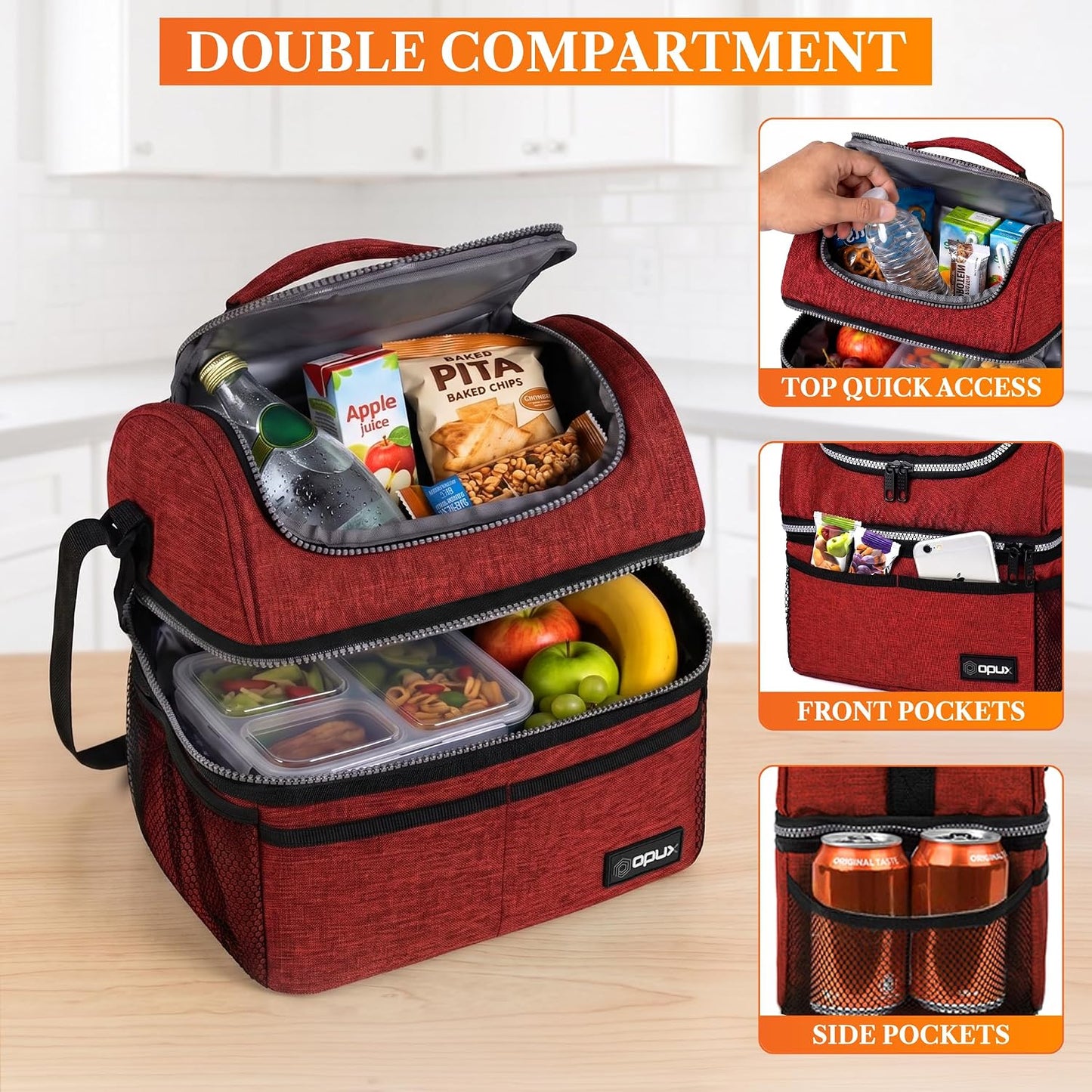 opux Insulated Lunch Bag for Men Women, Double Decker Leakproof Lunch Box Cooler Tote with Shoulder Strap, Large Lunchbox for Work School Travel Meal Prep, Adults Kids Boys Girls, Green, 16 Cans