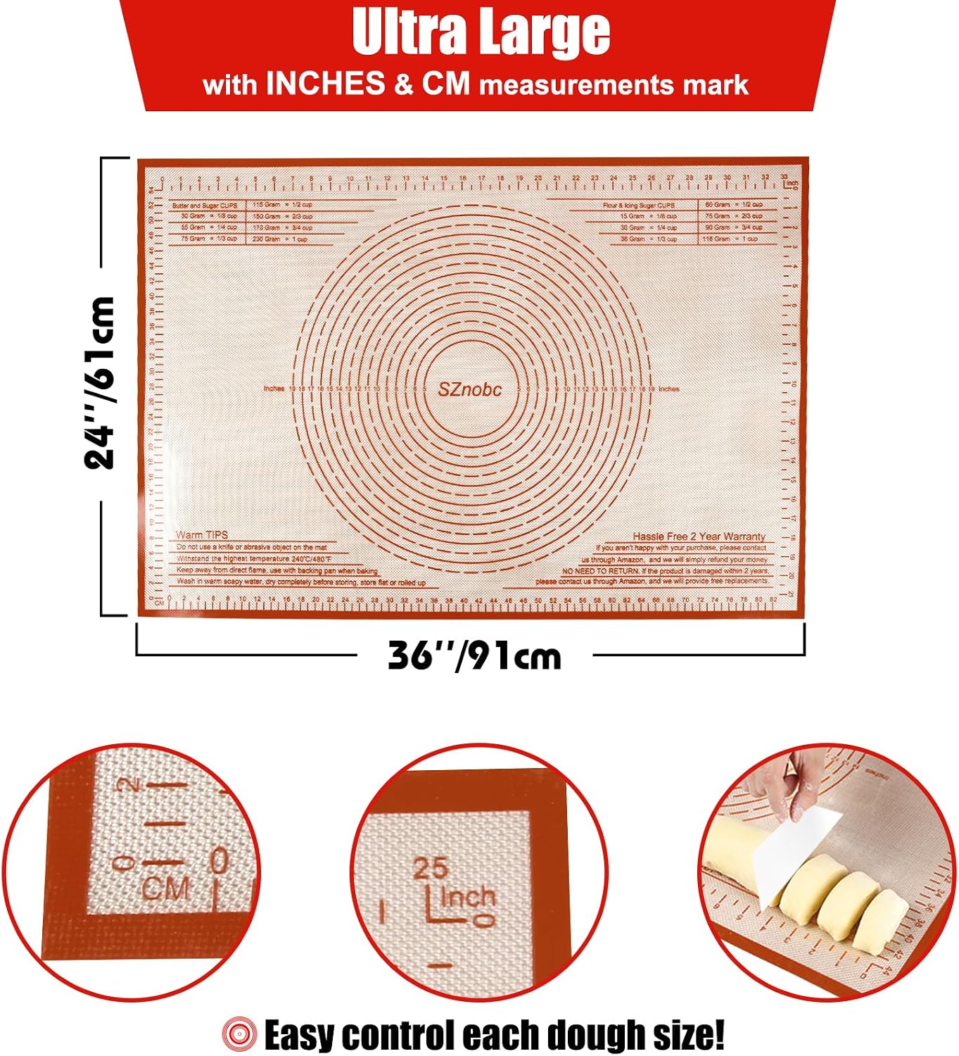 Non-slip Silicone Pastry Mat 36''By 24'' Nonstick Baking Mats Extra Large Counter Mat for Dough Rolling, Pastry, Pie Crust, Fondant, Cookies, Bread, Pasta, Pizza Mat