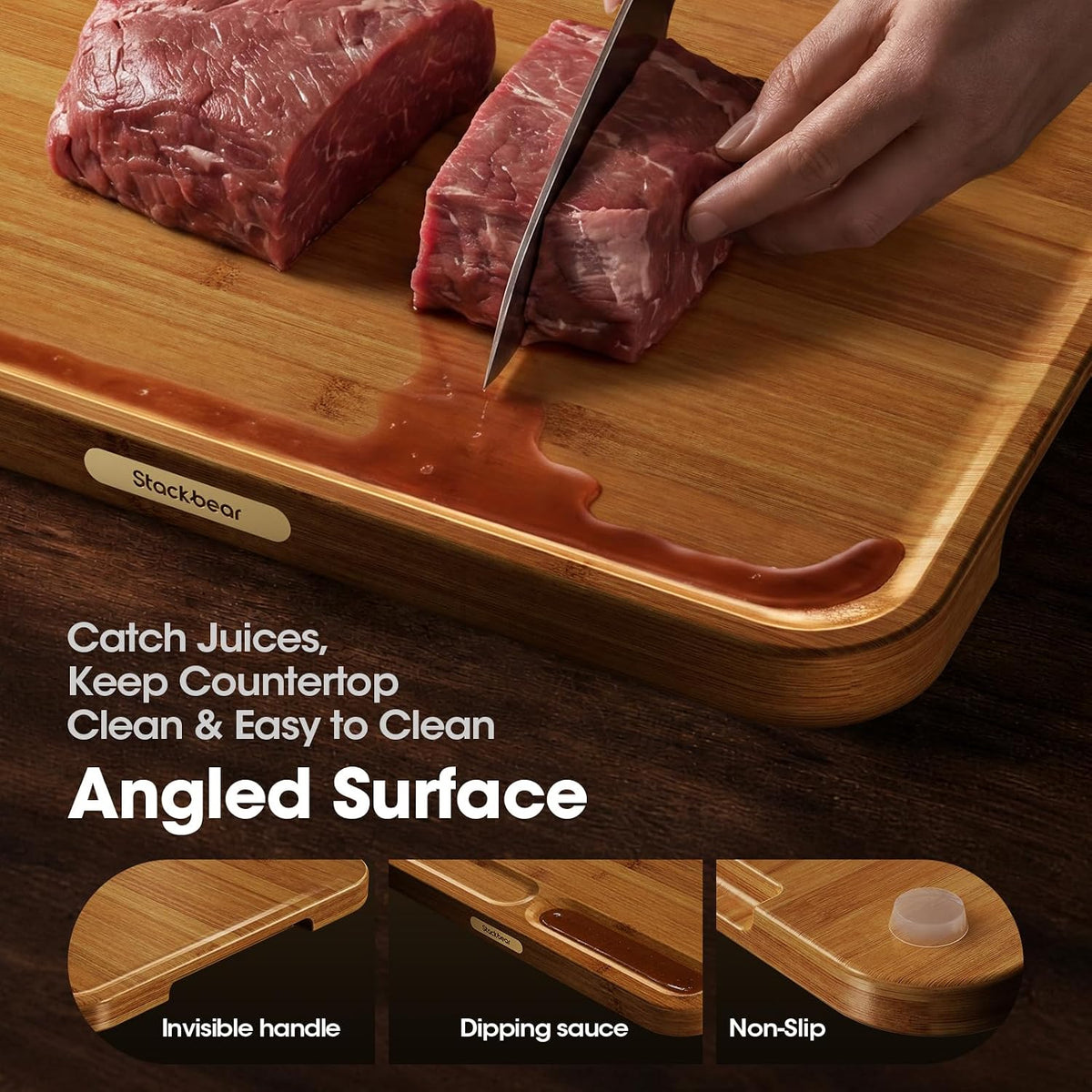 Starkbear Acacia Wood Cutting Board Set of 3 with Stand, Core-Cut Non Slip Wooden Chopping Block, Sloped Juice Groove Reversible Charcuterie Serving Tray for Modern Kitchen Gift