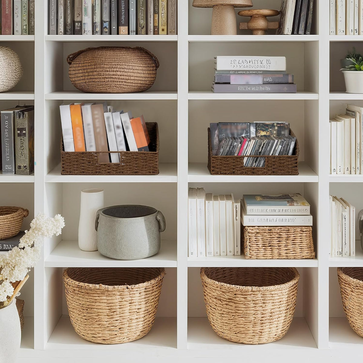 StorageWorks Water Hyacinth Pantry Storage Baskets, Wicker Baskets with Built-in Handles, Handwoven Shelf Baskets for Organizing, Pantry Organizers and Storage, 3 Pack