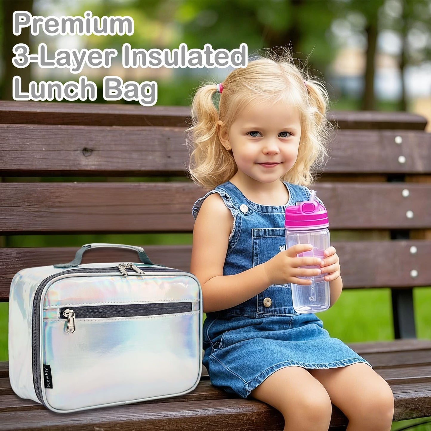 FlowFly Kids Lunch box Insulated Soft Bag Mini Cooler Back to School Thermal Meal Tote Kit for Girls, Boys, Black