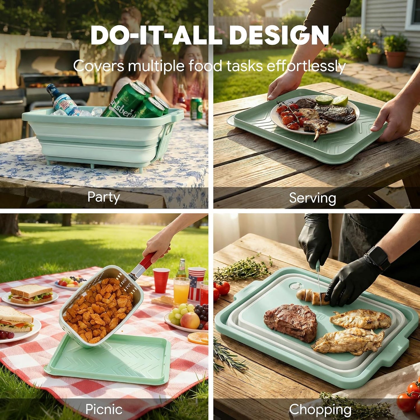 Feasto Collapsible BBQ Prep Tubs with Cutting Board, 9-IN-1, 2 Tubs Portable Grill Prep Station with Side Brackets, Lids, Knives, Meat Claws and Drain Rack, Space-Saving for Kitchen & Camping, Black