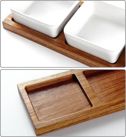 3 Pack Chip & Dip Serving Set with Wooden Tray, Oven Safe Bowls for Parties, Hosting Gifts, Cranberry/Soy Sauce Dish & Entertaining Essentials