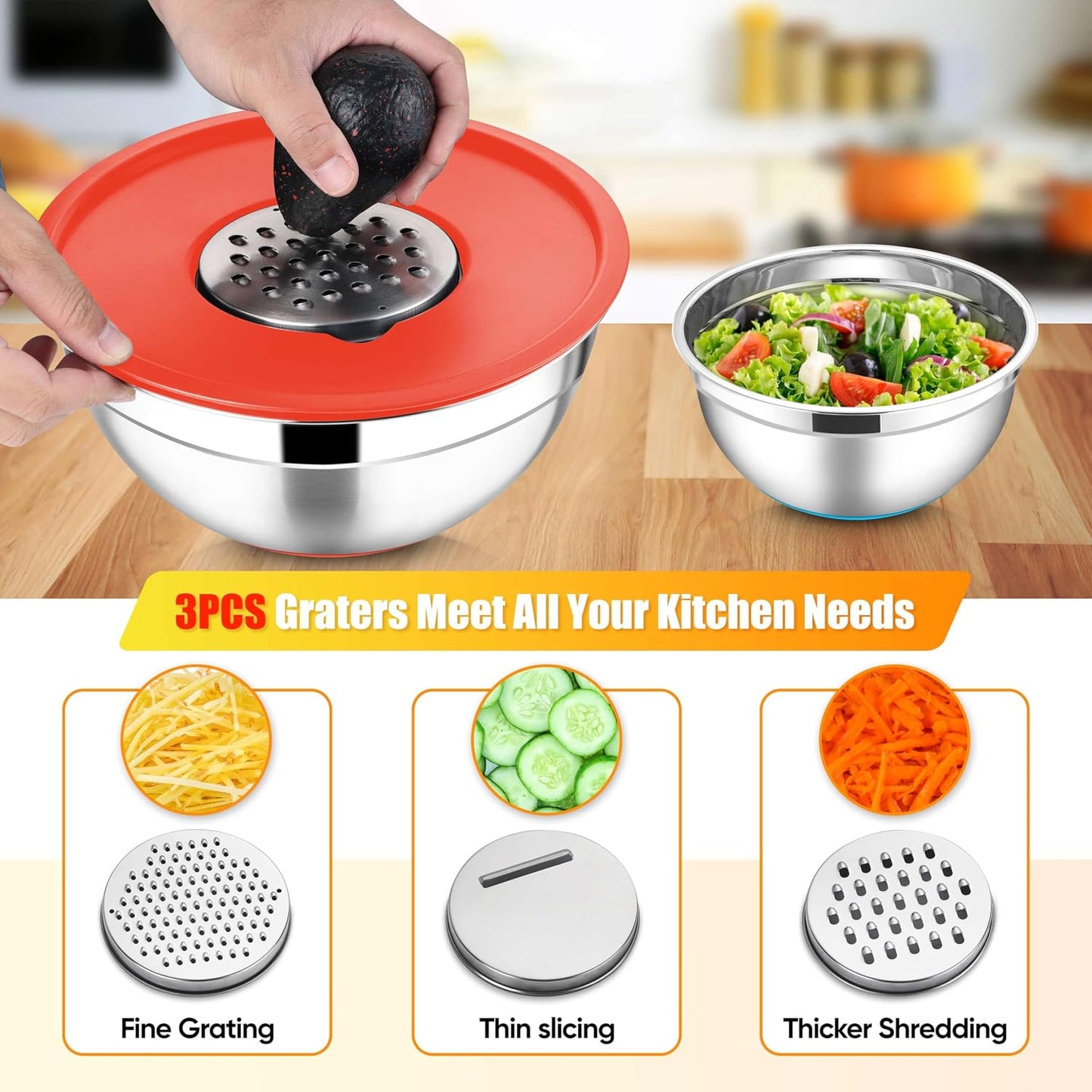 E-far Stainless Steel Mixing Bowls with Lids Set, 5-Piece Nesting Salad Bowls with 3 Grater Attachments and Non-Slip Bottoms, Size 4.6, 2.6, 2, 1.5, 1QT for Kitchen (Khaki)