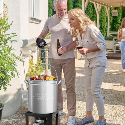 Bonnlo 30QT Aluminum Stock Pot for Boiling Seafood, Crawfish & Crab, Frying Turkey & Steaming Tamales, Large Boil Pot with Strainer Basket, Lid, Lifting Hook & Steamer Rack for Outdoor Cooking
