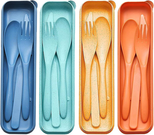 Reusable Travel Utensils with Case, Wheat Straw Portable Plastic Fork Spoons Knife Tableware, Eco-Friendly BPA Free Camping Cutlery for Lunch Box Accessories Work Picnic or Daily Use (Purple)