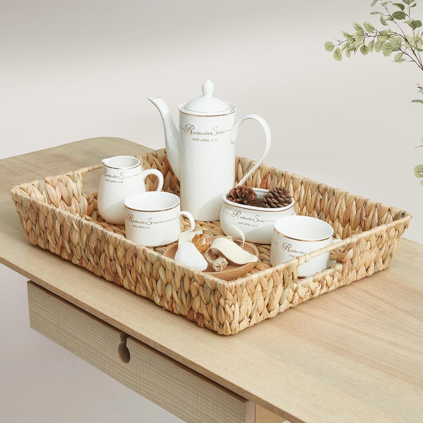 CROS Water Hyacinth Wicker Serving Tray with Handles, Rectangular Coffee Table Tray and Decorative Storage Basket for Home, Kitchen, Living Room, 16.93" x 13" x 3.15"