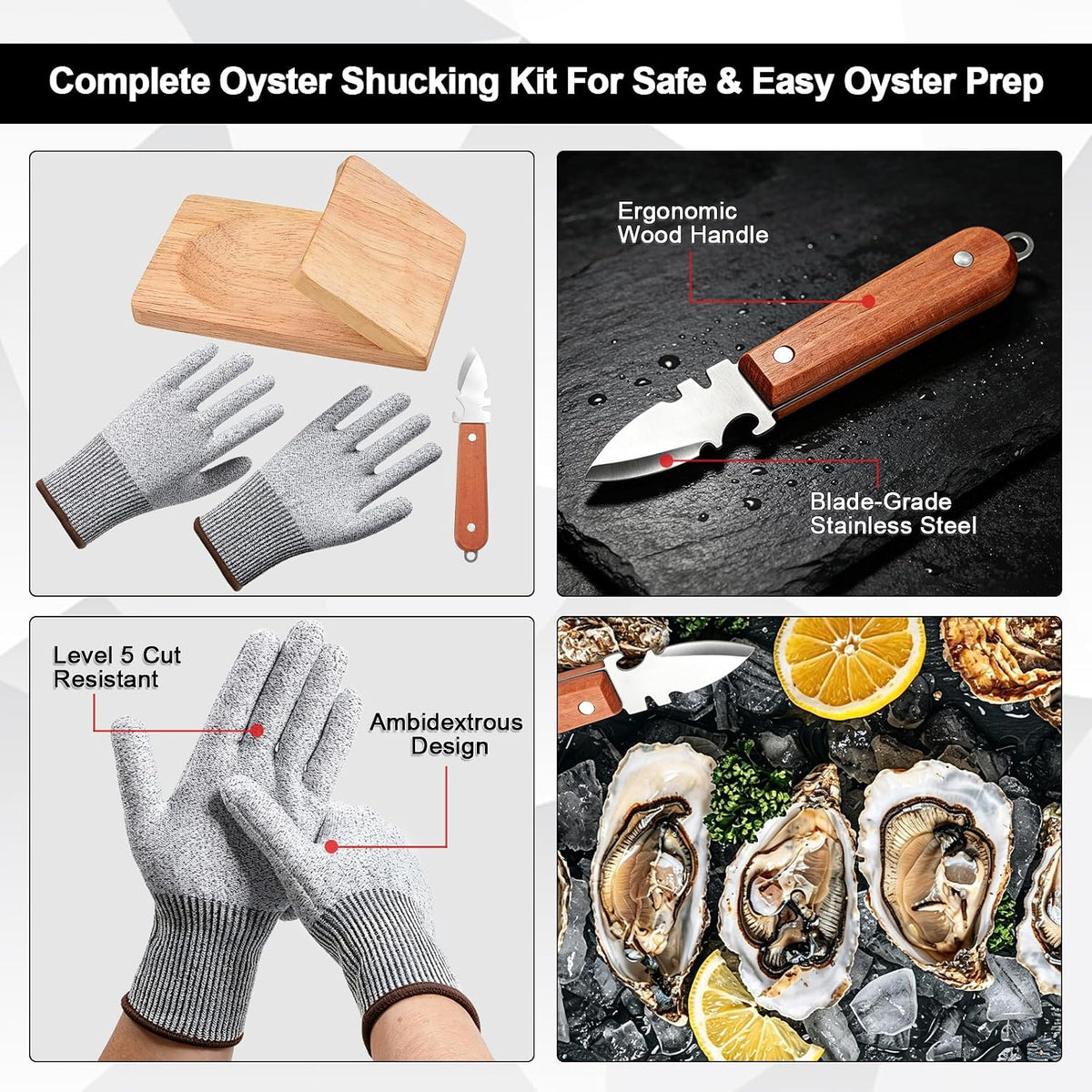 Oyster Shucking Knife Set, 3-Piece Oyster Shucker Kit with Wooden Oyster Clamp, Cut Resistant Gloves & Stainless Steel Oyster Knife, Oyster Opener Tool for Clams & Shellfish