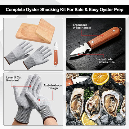 Oyster Shucking Knife Set, 3-Piece Oyster Shucker Kit with Wooden Oyster Clamp, Cut Resistant Gloves & Stainless Steel Oyster Knife, Oyster Opener Tool for Clams & Shellfish