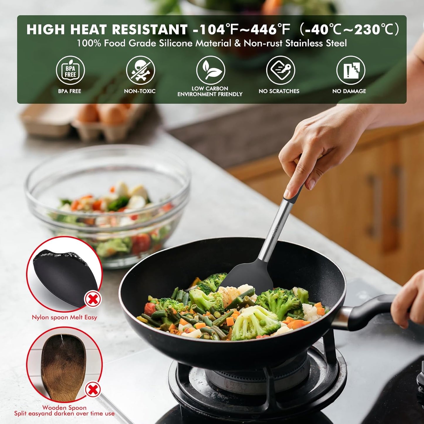 HOTEC 446°F Heat Resistant Silicone Kitchen Utensils, Cooking Utensil Set, Spatula Set, BPA Free, Kitchen Gadgets, With Stainless Steel Utensils Holder, Dishwasher Safe 14pcs Khaki