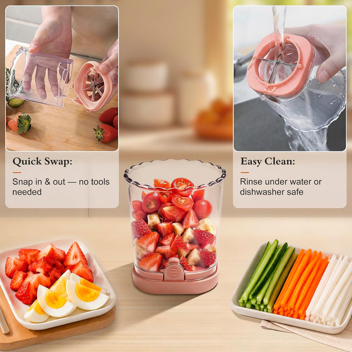 Fruit Slicer Cup 4 (6) Slice Blade Detachable Perfect Salads Sushi Pink