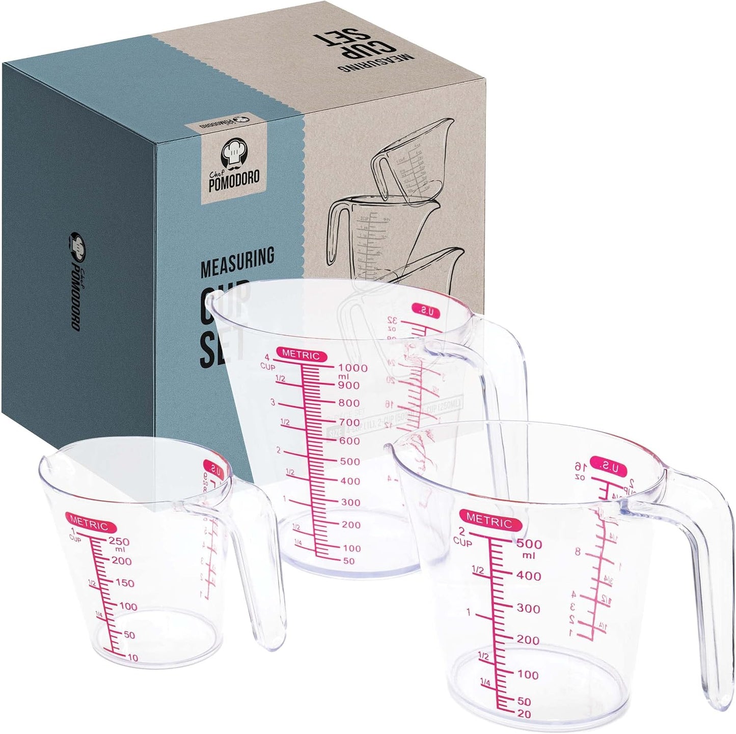 Chef Pomodoro 3-Piece Liquid Meausuring Cups Set - Ml and Oz Measuring Cup