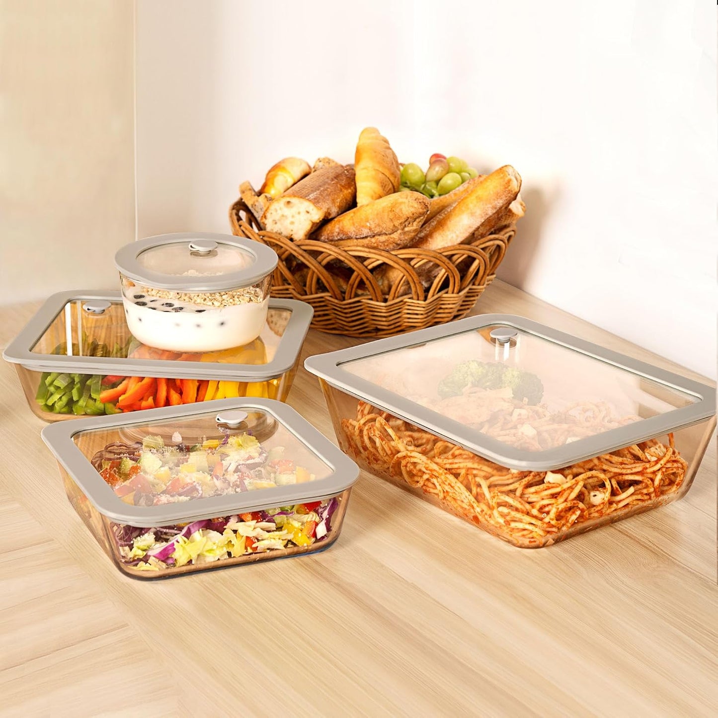 Glass Food Containers with Glass Lid, Microwave Safe Food Storage Container Set, 4 Pack of 35oz, Large Size Airtight Storage Set with Leak Proof Lids, Meal Prep Containers