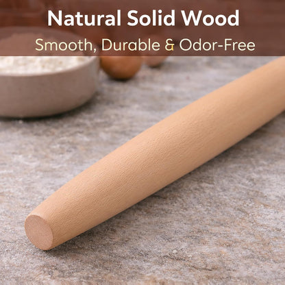 17 Inch French Rolling Pin, Wooden Dough Roller for Baking, Solid Wood Tapered Rolling Pin for Pizza, Pie Crust, Cookies, Pastry, Non-Stick, Easy Control Kitchen Baking Tool, Beech Wood