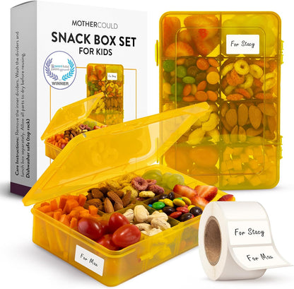 Large Kids Snack Box Containers Set of 2 -100 Labels, BPA-Free, Adjustable Compartments, Dishwasher Safe, Reusable Tray, Food Grade, Meal Prep Container, PARENT TESTED PARENT APPROVED AWARD (Clear)