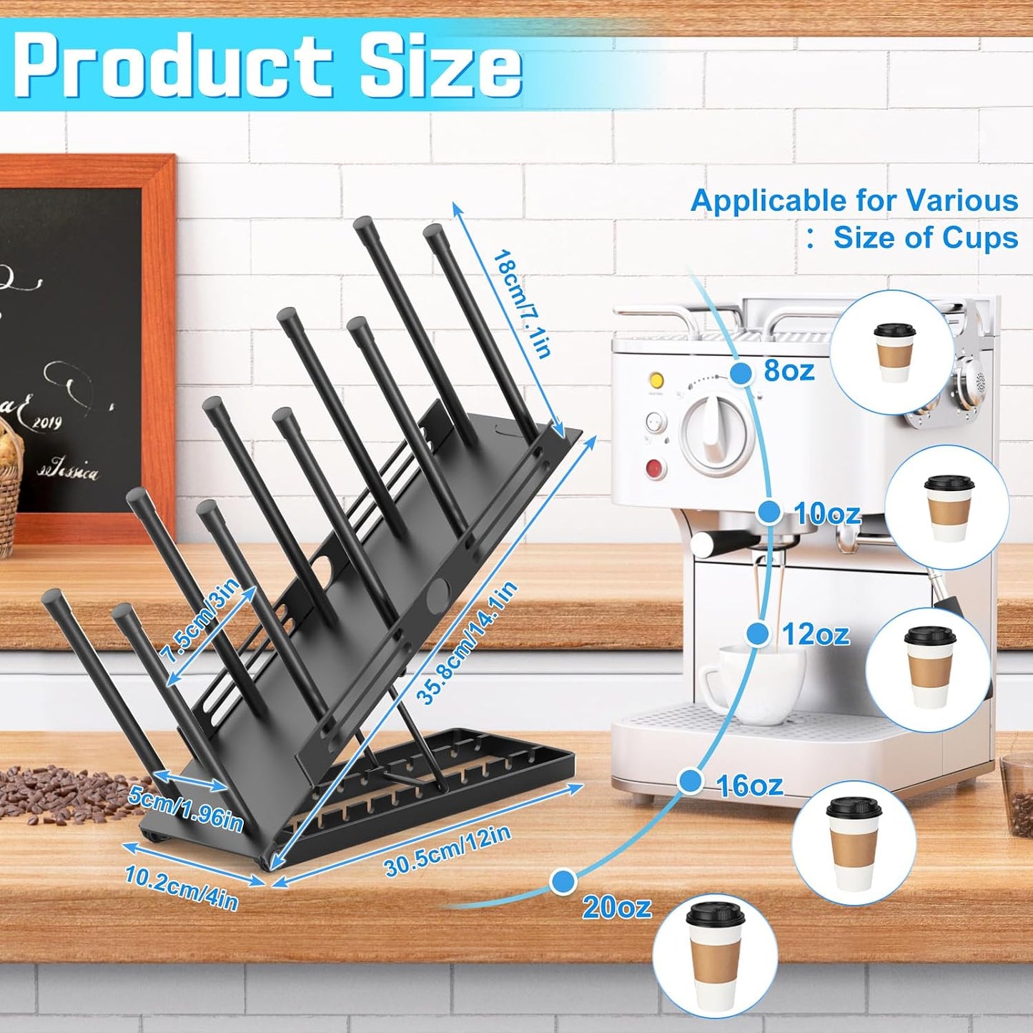 Adjustable Coffee Cup and Lid Holder,4 Compartment Metal Countertop Disposable Cup Dispenser Organizer for Coffee Bar Station Home Office Breakroom(Black)