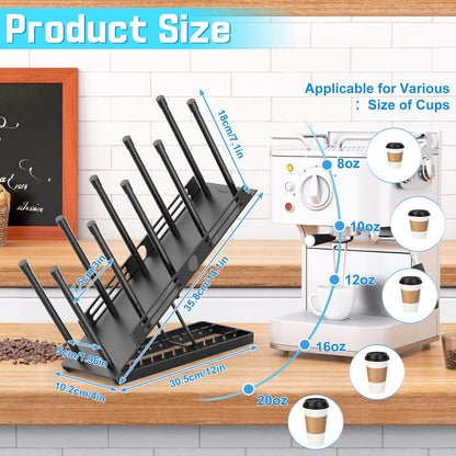 Adjustable Coffee Cup and Lid Holder,4 Compartment Metal Countertop Disposable Cup Dispenser Organizer for Coffee Bar Station Home Office Breakroom(Black)