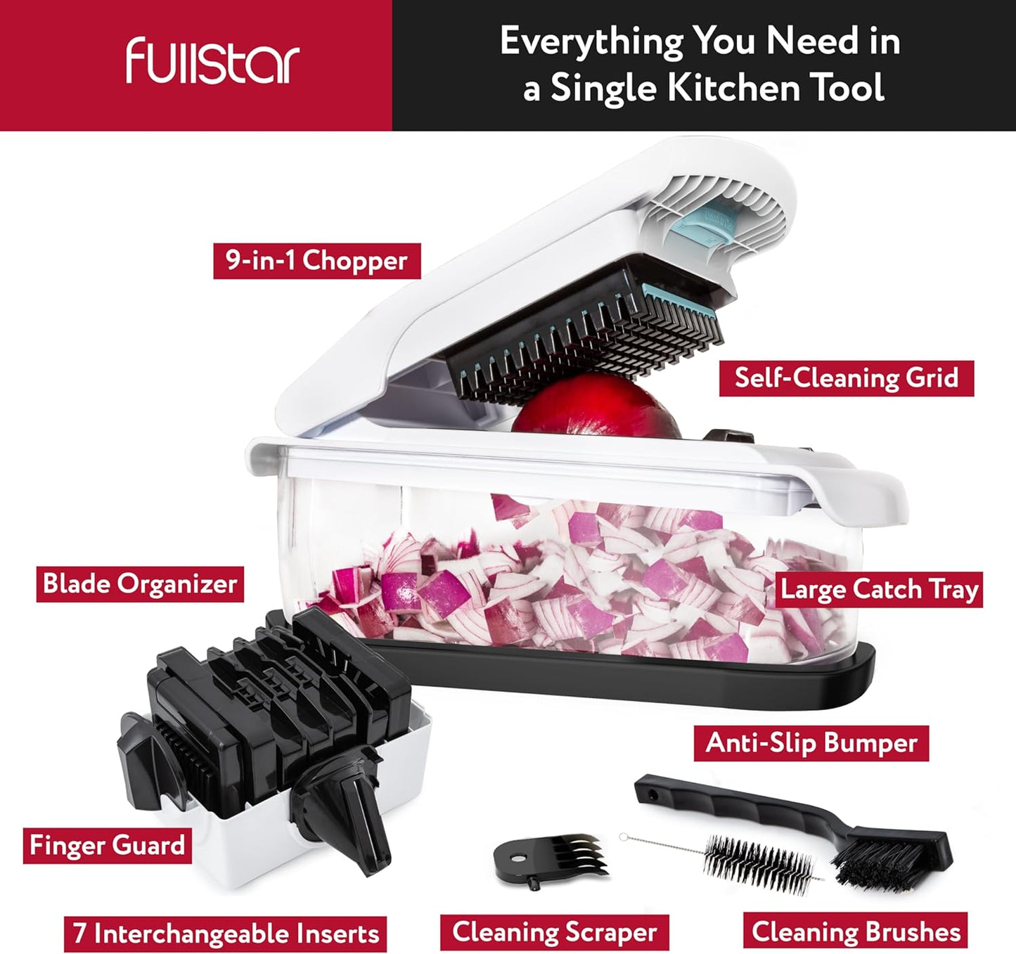 Fullstar Vegetable Chopper & Mandoline Slicer for Kitchen - Food Chopper with Container, Cheese Grater, Home Essentials & Kitchen Gadgets (7 in 1, Black)