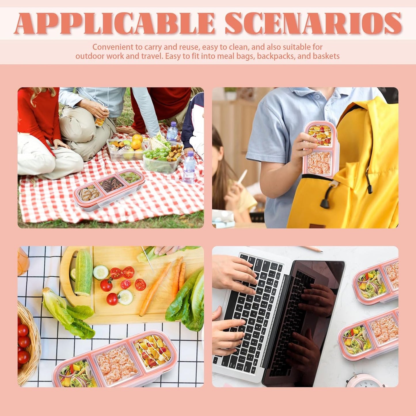 Snack Containers with Leakproof Lids, 3 Compartment Lunchable Meal Prep Containers Reusable 18/8 Stainless Steel, Stackable Food Storage Bento Lunch Box, 4 Pack