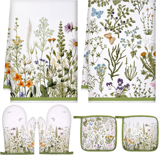 Leinuosen 6 Wild Flower Kitchen Towels Oven Mitts and Pot Holders Sets