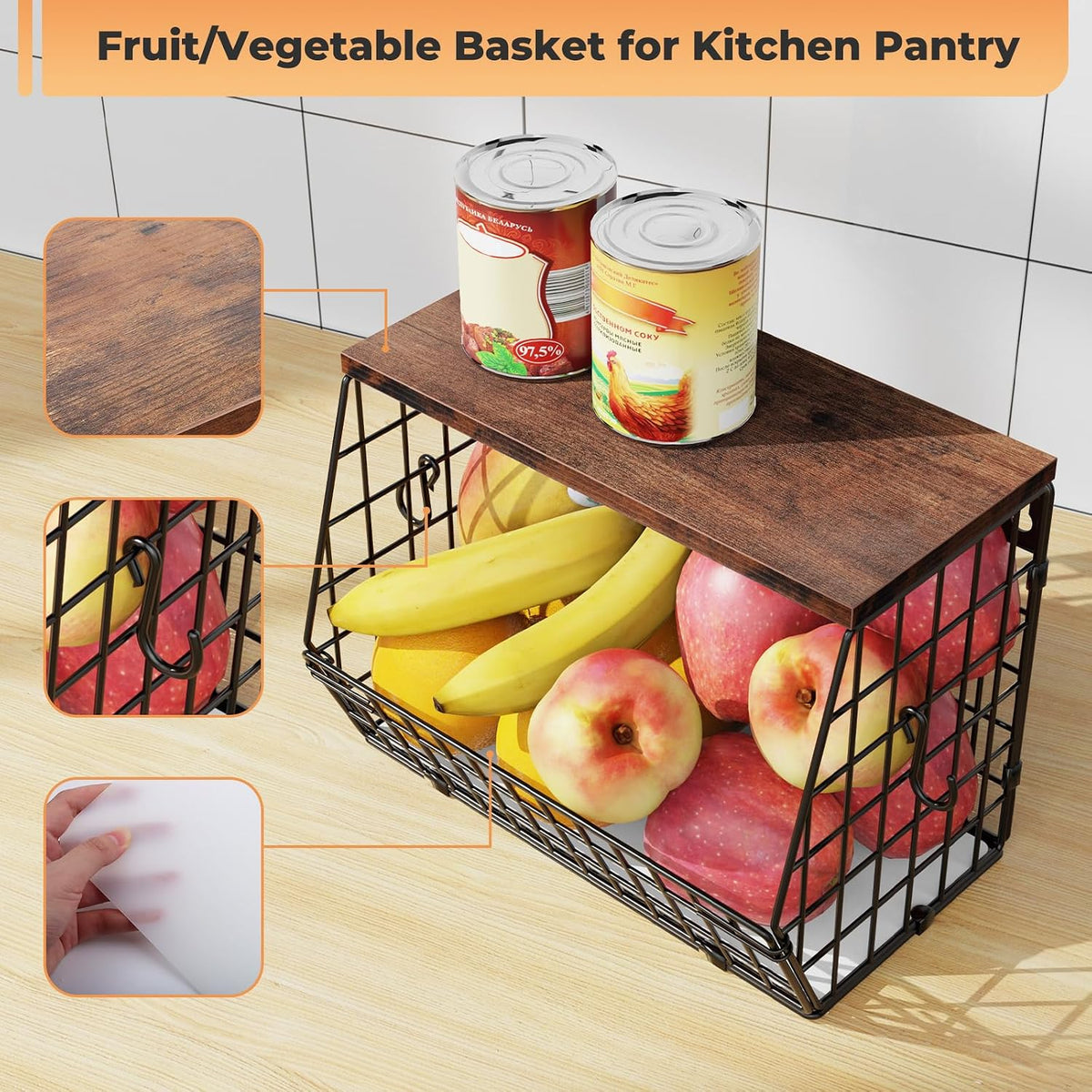 White Fruit Bowl Wire Basket Storage Pantry Fruit and Vegetable Storage Fruit Basket for Kitchen Counter Stackable Wall Mounted Hanging Basket Wire Basket with Wood Lid with Hanger Hooks
