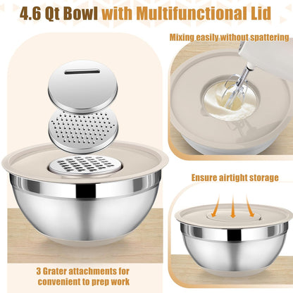 P&P CHEF Mixing Bowl with Lids Set of 3, Stainless Steel Nesting Salad Bowls for Serving Preparing, 3 Grater Attachments & Non-Slip Bottoms, Size 1.5/2.6/4.6 QT, Khaki