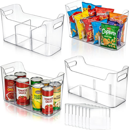 4 Pack Tall Narrow Clear Bins, Slim Pantry Freezer Organizer Bins with Removable Divider, Stackable Plastic Storage Containers with Handle for Kitchen Cabinet Closet Bathroom