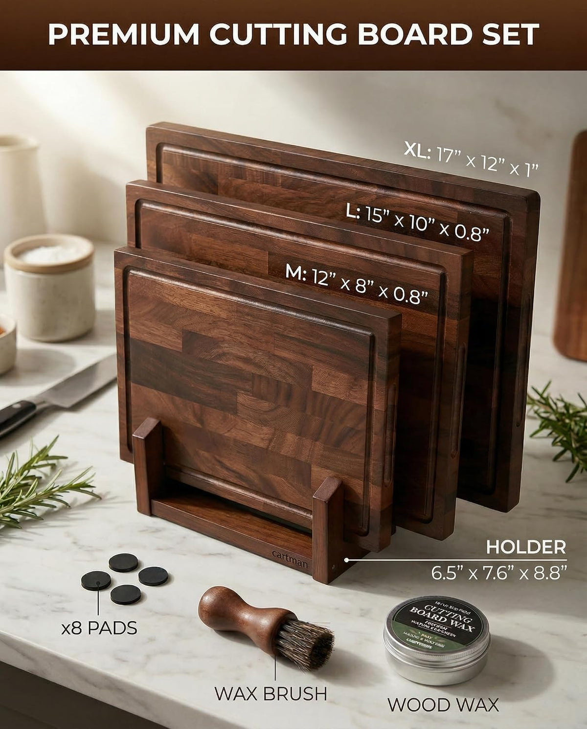 CARTMAN 3-Piece Walnut Cutting Board Set with Dual-Purpose Holder, End Grain Wood Cutting Boards for Kitchen, Perfect for Meat, Vegetables and Charcuterie Displays
