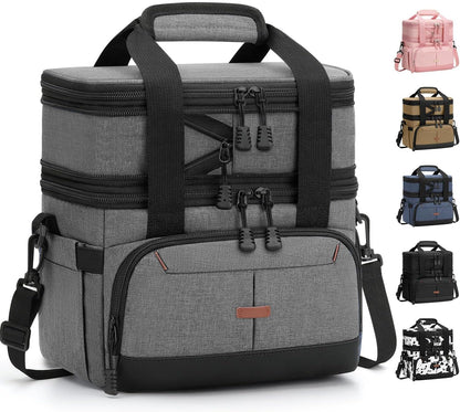 Pritent Lunch Box For Men Women Double Deck Insulated Lunch Bag For Men Woman Leakproof Expandable Cooler Bag with Adjustable Shoulder Strap for Kids Shool Work Picnic Camping(Beige,Large)