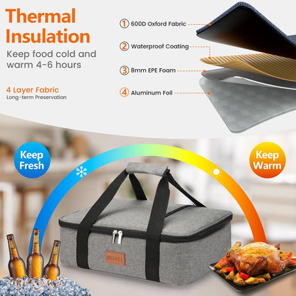 Lunch Bag Insulated Thermal Food Carrier Insulated Double Decker Casserole Carrier for Hot or Cold Food,Insulated Tote Bag for Potluck Cookouts Picnic,Lasagna Holder,Fits 9"x13" Baking Pan,Gray