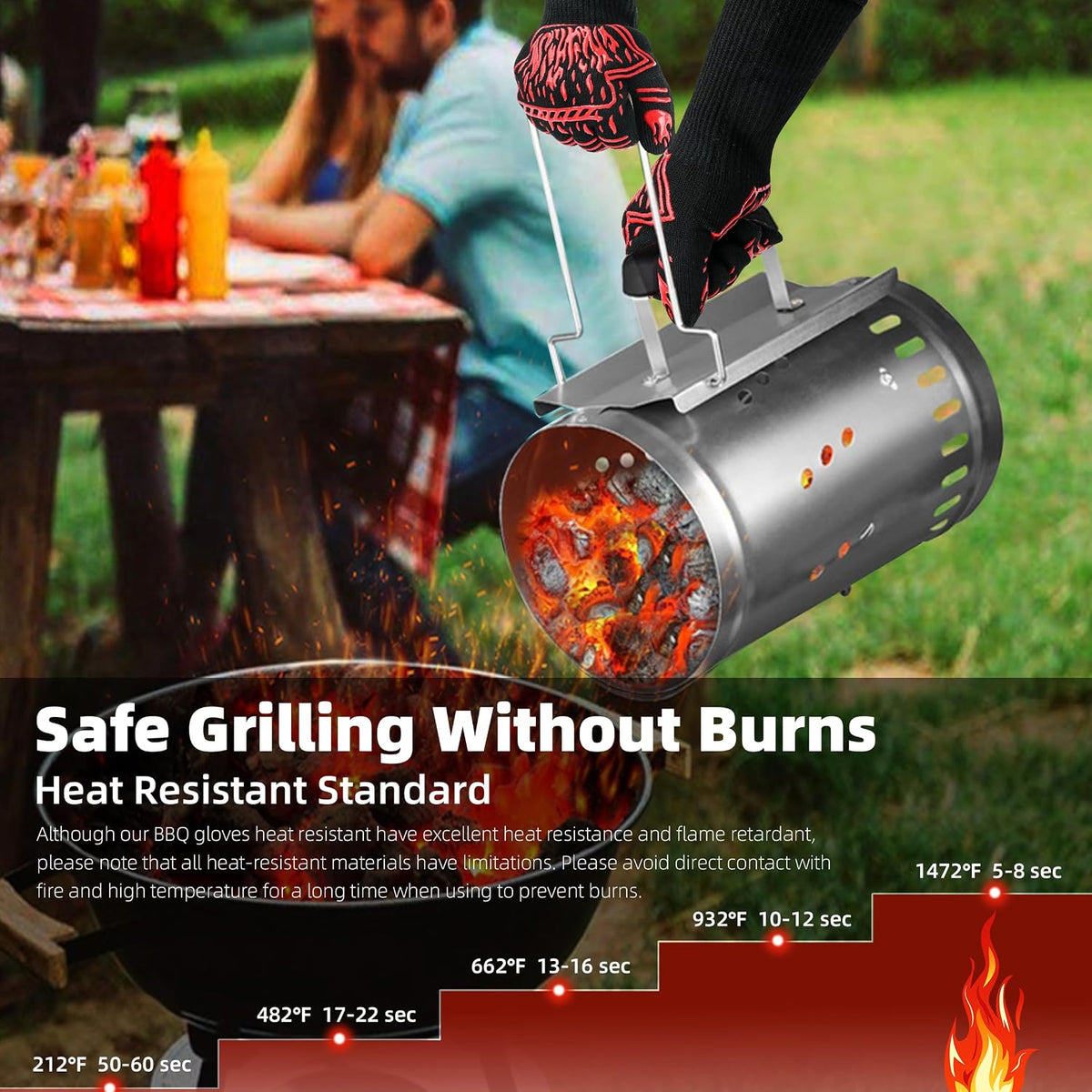 BBQ Gloves 1472F Heat Resistant Anti Slip Long with 2 Hooks