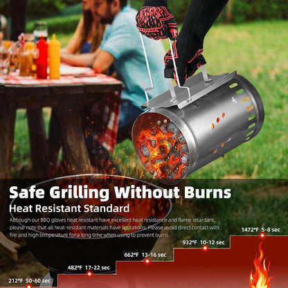 BBQ Gloves 1472F Heat Resistant Anti Slip Long with 2 Hooks