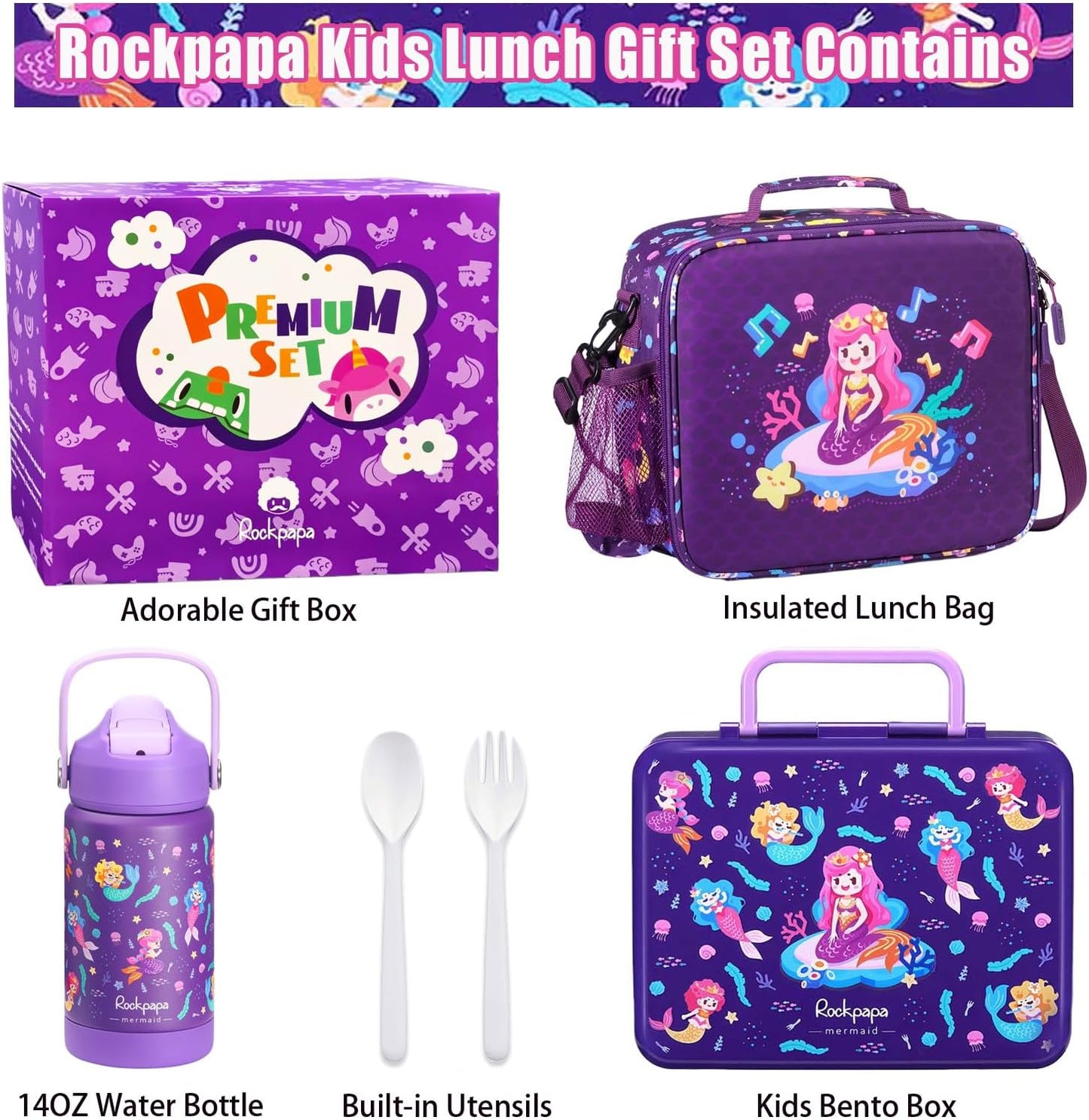 rockpapa Kids Lunch Box Set with 14oz Insulated Water Bottle & Lunch Bag, Leakproof 5.5 Cups Bento Box for School & Children, BPA-Free, Microwave Safe for Boys Girls (Grey Constr Turcks)