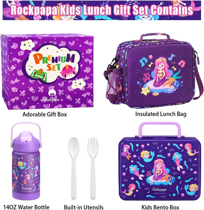 rockpapa Kids Lunch Box Set with 14oz Insulated Water Bottle & Lunch Bag, Leakproof 5.5 Cups Bento Box for School & Children, BPA-Free, Microwave Safe for Boys Girls (Grey Constr Turcks)