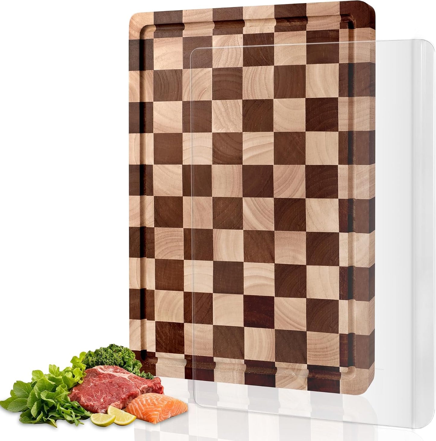 WILLKOMMEN Checkered Cutting Board Set, 3-Piece Wood Checkerboard End Grain Chopping Boards with Holder & Juice Groove Wooden Kitchen Cutting Board for Cooking and Serving (S, M, L)