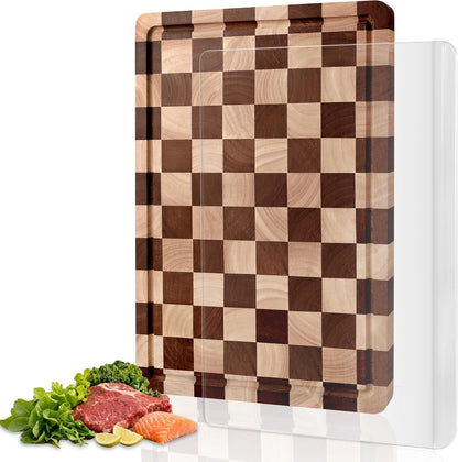 WILLKOMMEN Checkered Cutting Board Set, 3-Piece Wood Checkerboard End Grain Chopping Boards with Holder & Juice Groove Wooden Kitchen Cutting Board for Cooking and Serving (S, M, L)