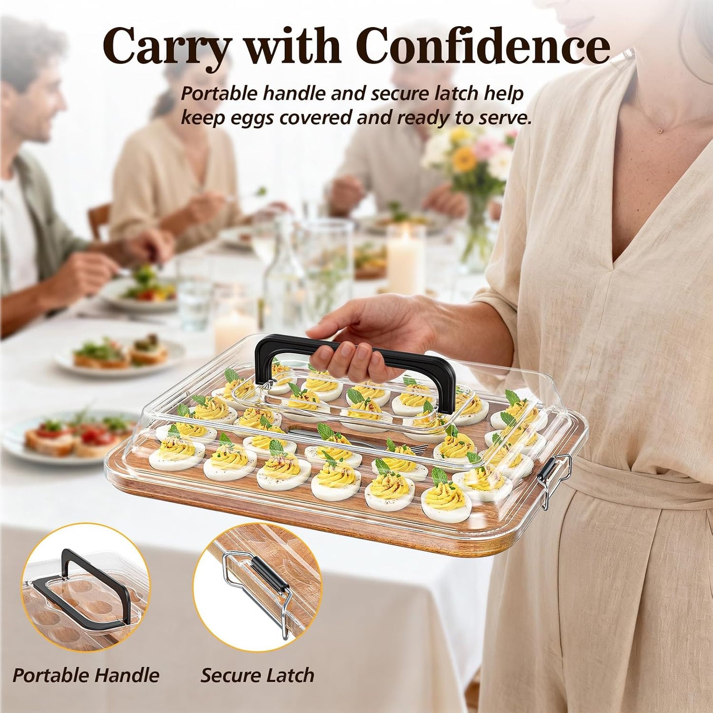 Deviled Egg Containers with Lid, Acacia Wood Deviled Egg Platter Tray for 26 Eggs, Fold-Down Clear BPA-Free Cover Stores Flat, Portable Handle, Secure Latch, 4 Stainless Steel Forks (Black)