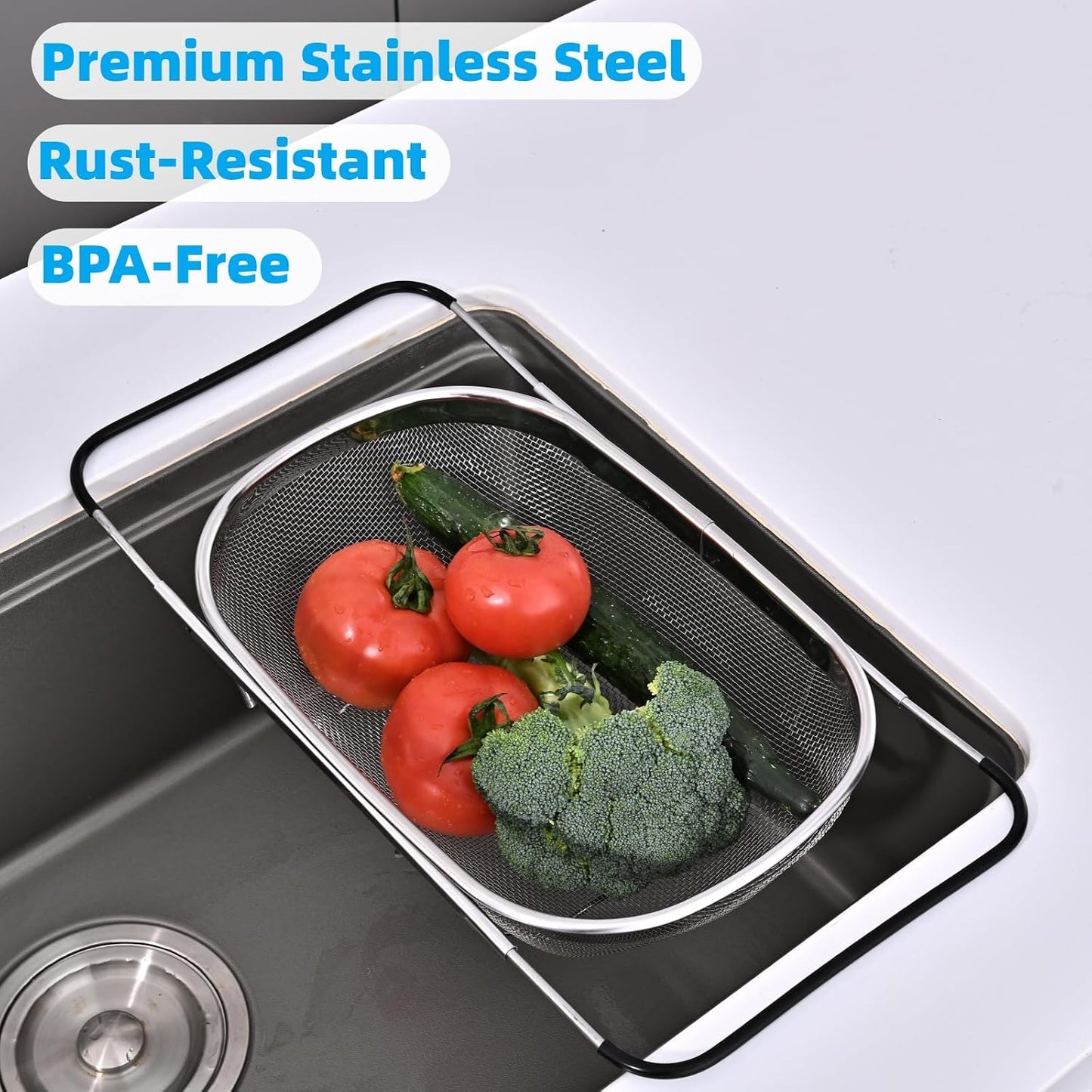 Over The Sink Colander, Stainless Steel Expandable Strainer Basket, Extendable Handles, Dishwasher Safe for Pasta Vegetables Fruits
