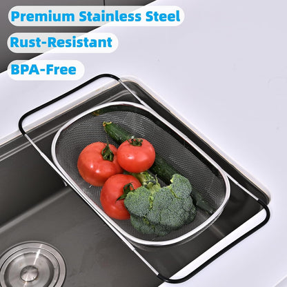 Over The Sink Colander, Stainless Steel Expandable Strainer Basket, Extendable Handles, Dishwasher Safe for Pasta Vegetables Fruits