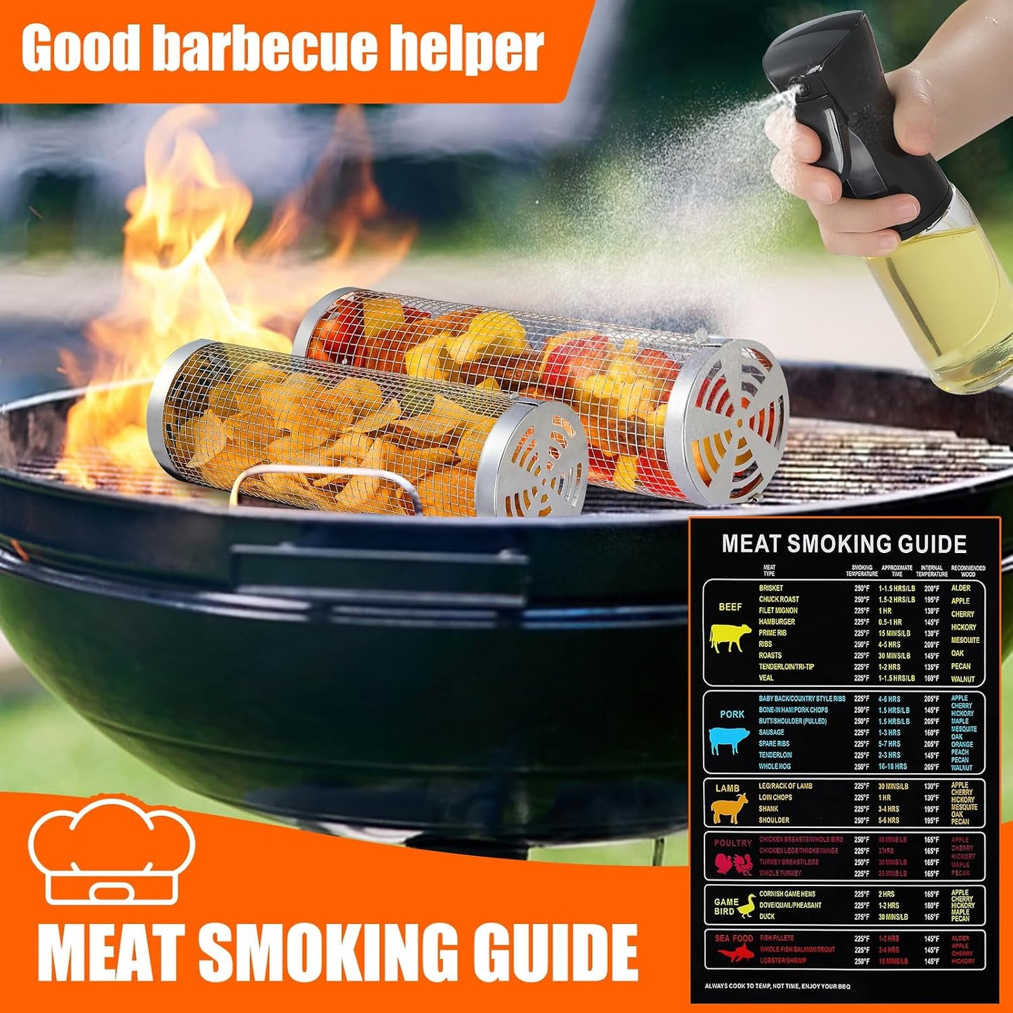 10-Piece BBQ Set: 2 Rolling Grill Baskets for Effortless Flipping, 304 Stainless Steel for Easy Clean, Sausage & Vegetables, Oil Bottle, Forks, Brushes, Outdoor Camping Grilling Accessories, Gifts for Men Dad Husband