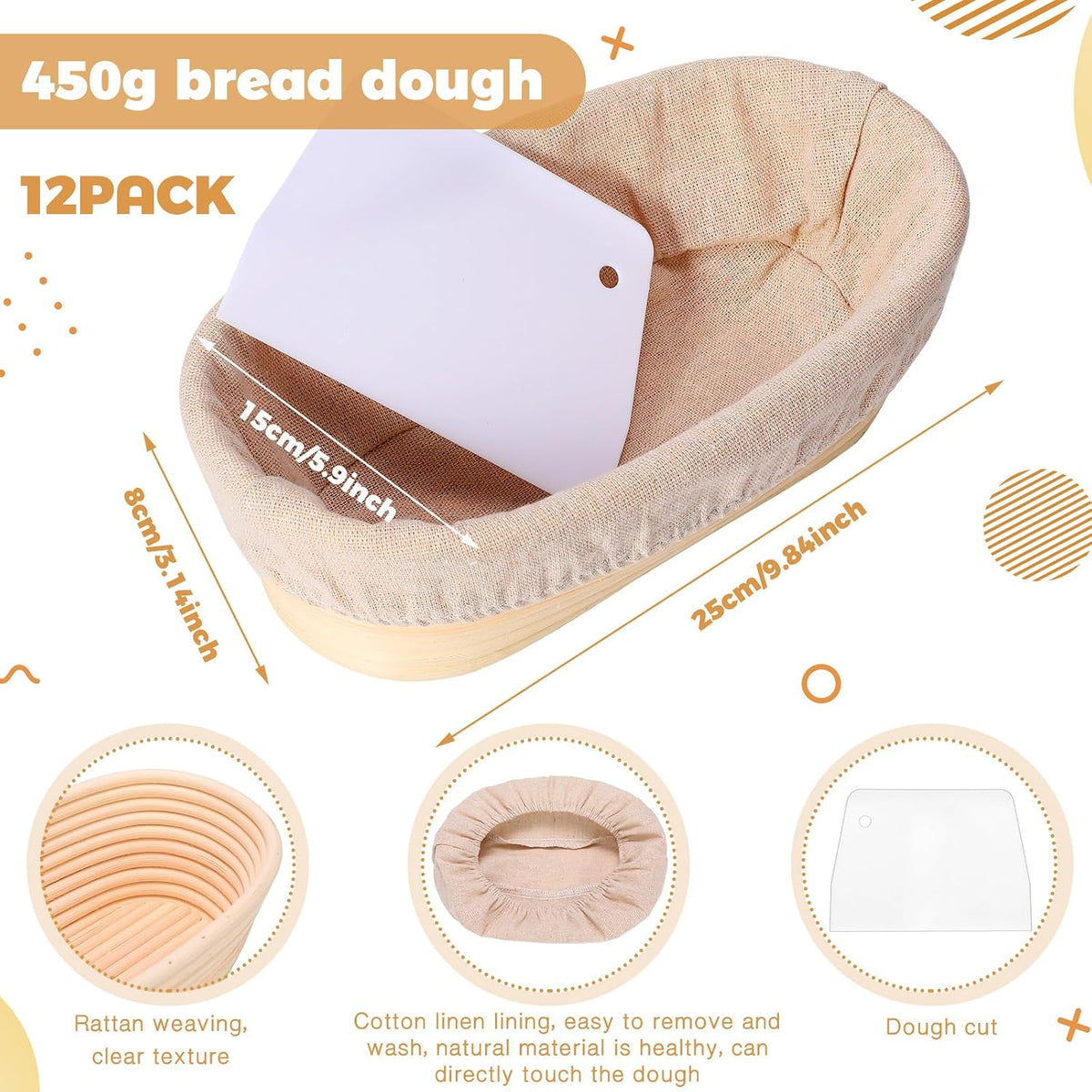 Gejoy 12 Set Oval Bread Proofing Baskets Banneton with Liner,10 Inch